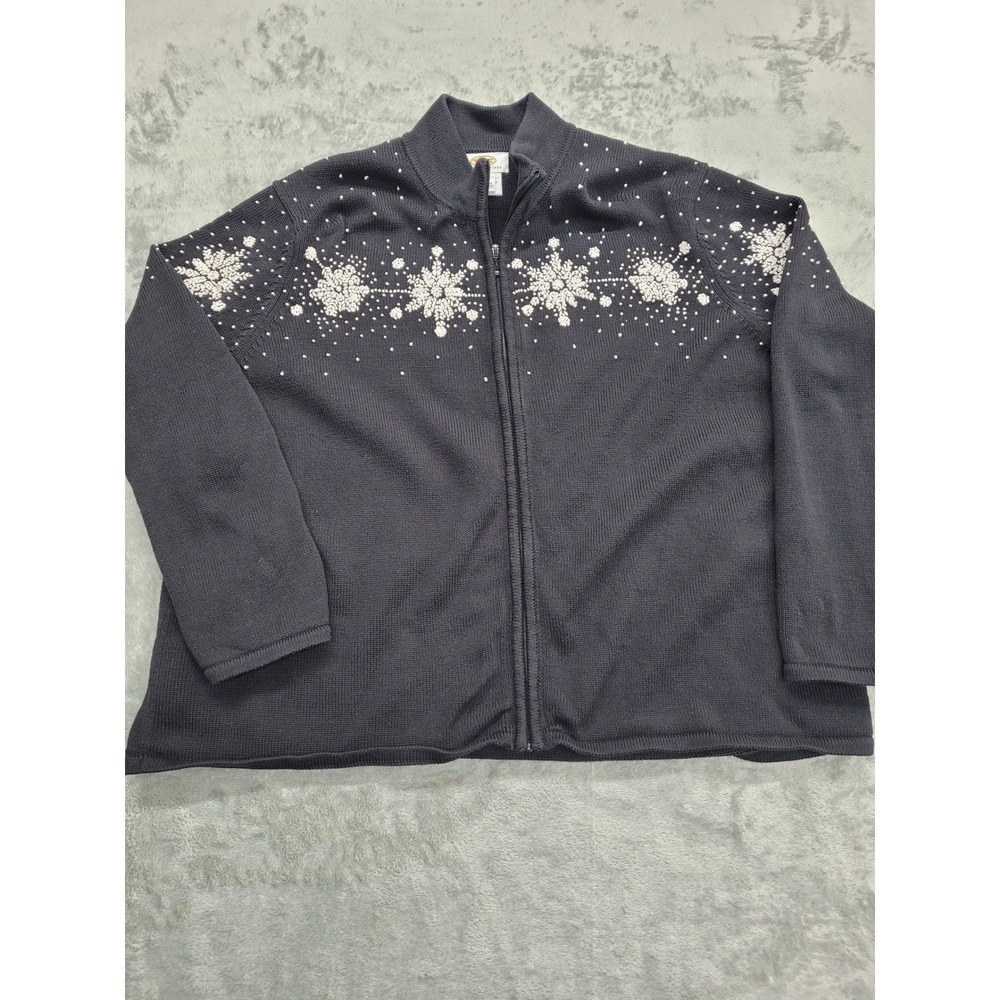 Talbots Cardigan Sweater Womens 2X Navy‎ Blue Snowflake Full Zip Cotton